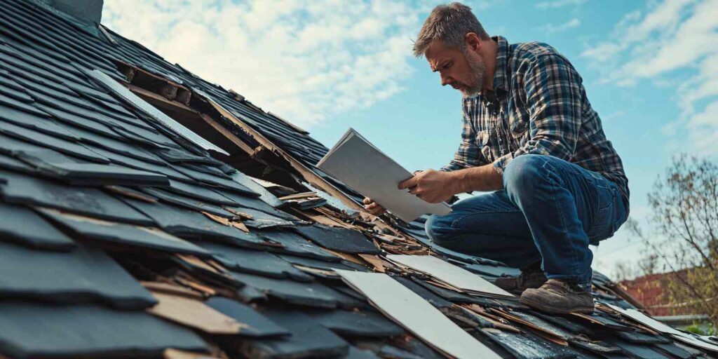 Roofing contractor inspecting severely damaged shingles on a residential roof to assess repair or replacement needs