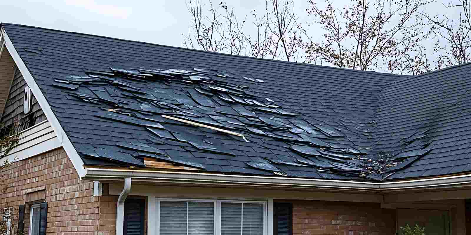 Severe storm wind damage lifting and displacing shingles on a residential roof