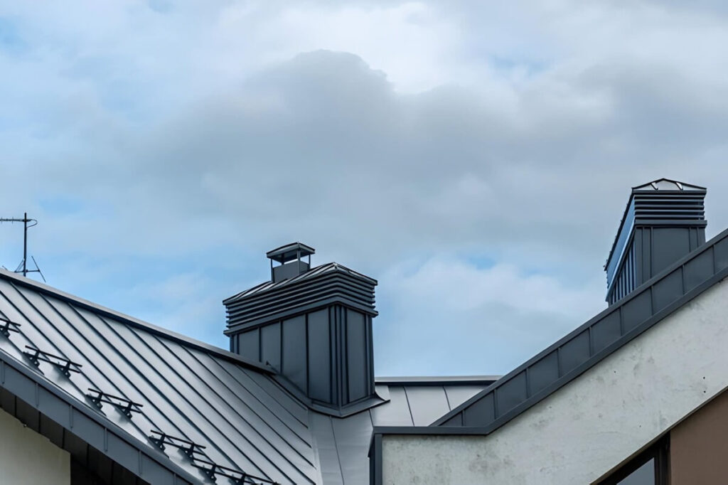 architectural features include metal roofs and chimneys