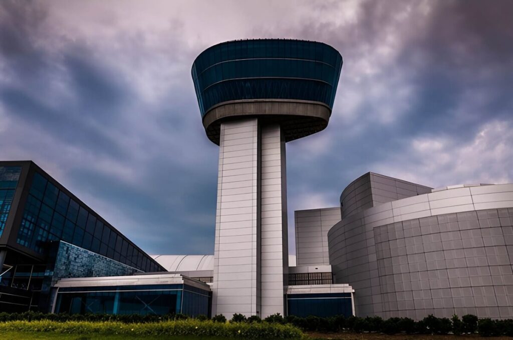 exterior of the Air and Space Museum Udvar-Hazy Center on a stormy day, in Chantilly, Virginia