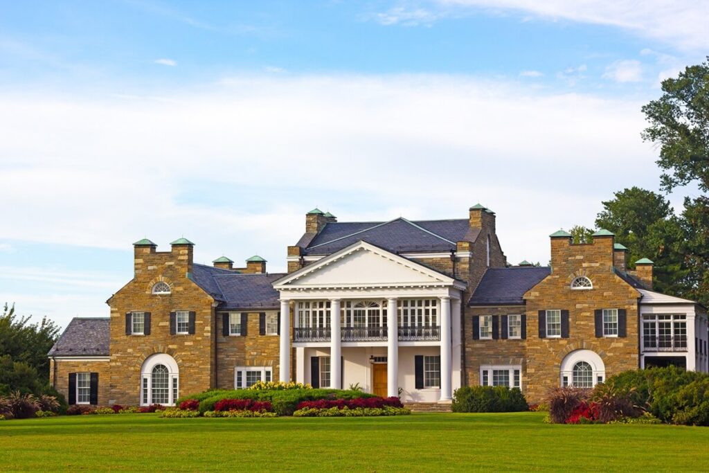 glenview historic mansion with formal gardens at sunset