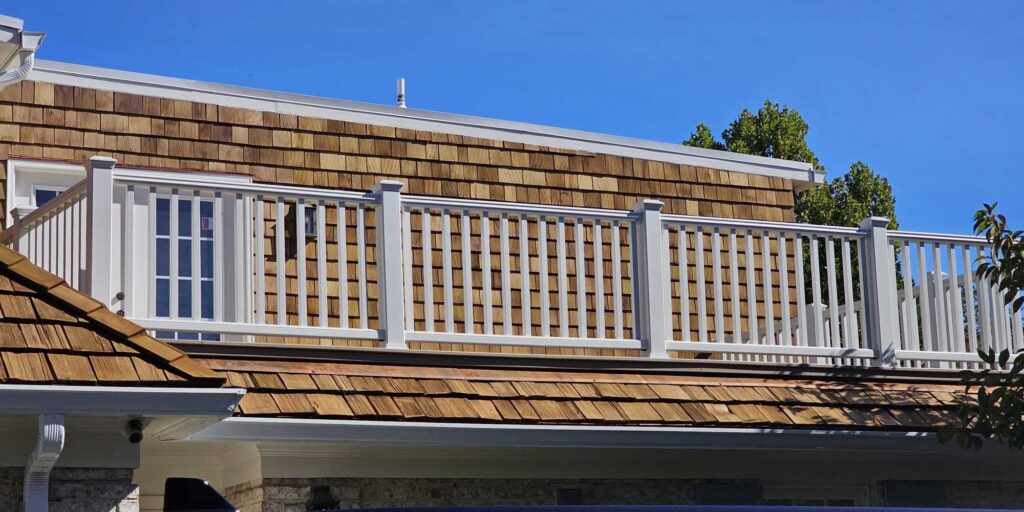 new cedar roof and balcony installed by roofing contractors