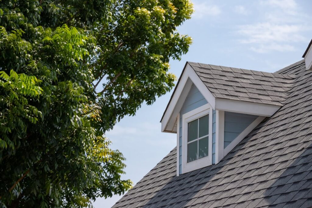 roof shingles with garret house on top of the house among a lot of trees
