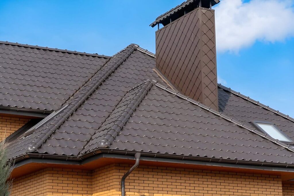 rooftop features dark brown tiles and an elegant chimney, showcasing a blend of modern architecture and craftsmanship against a clear sky