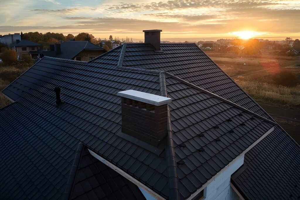 snow guard for safety in winter on house roof top covered with ceramic shingles