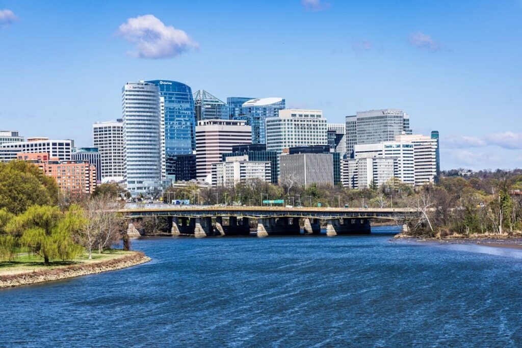 view of Rosslyn's skyline with the Arlington Memorial Bridge spanning the Potomac River
