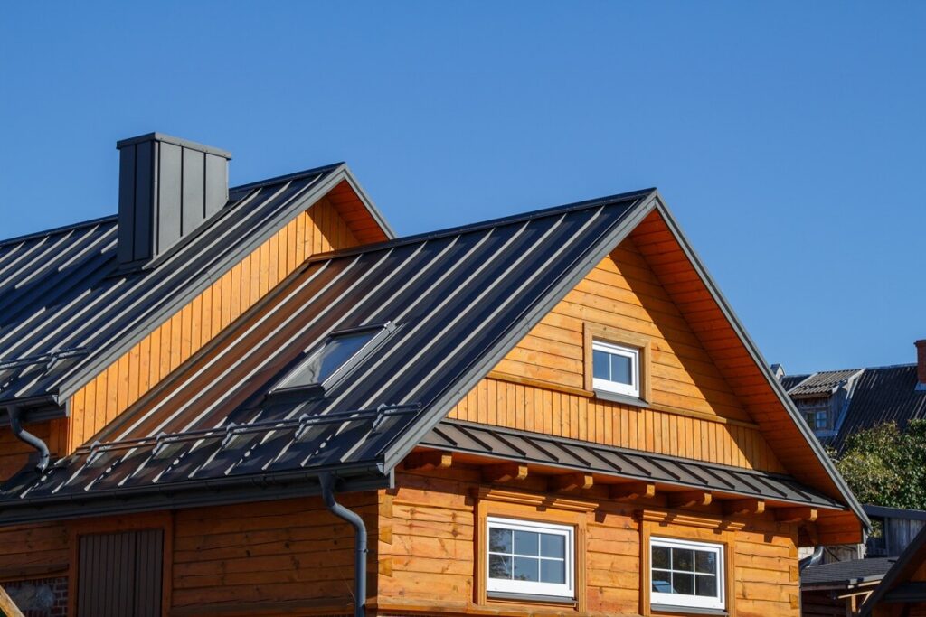 wooden house with classic metal roof
