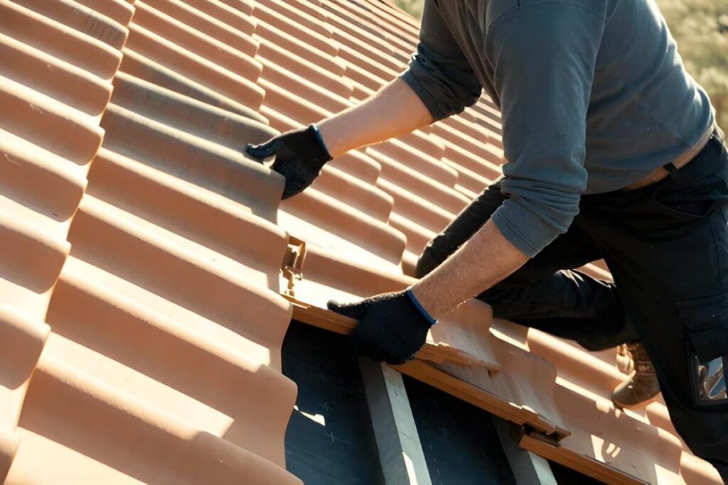 worker hands installing yellow ceramic roofing tiles mounted on wooden boards covering residential building roof under construction