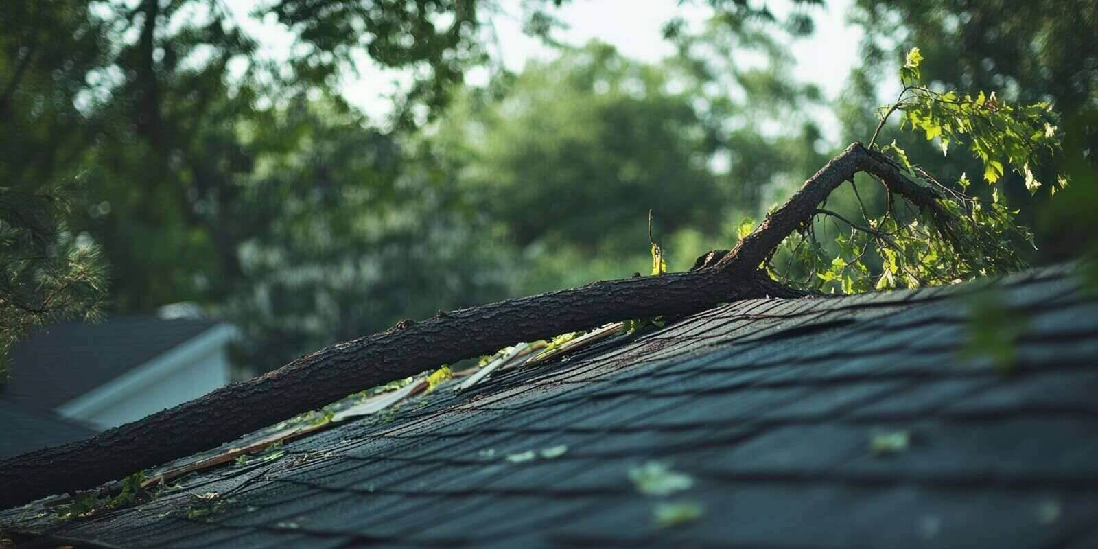 large tree branch has fallen onto a residential roof, causing damage to the shingles