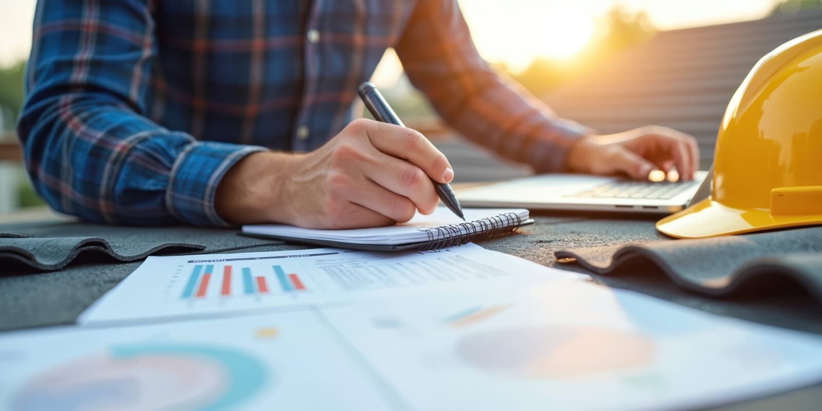 construction contractor calculates roofing estimate, prepares material list, budgets home renovation project