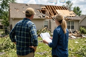 insurance agent assesses damaged house roof with homeowner after a storm