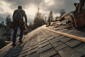 roofing contractor inspects storm damaged shingle roof with tools on site