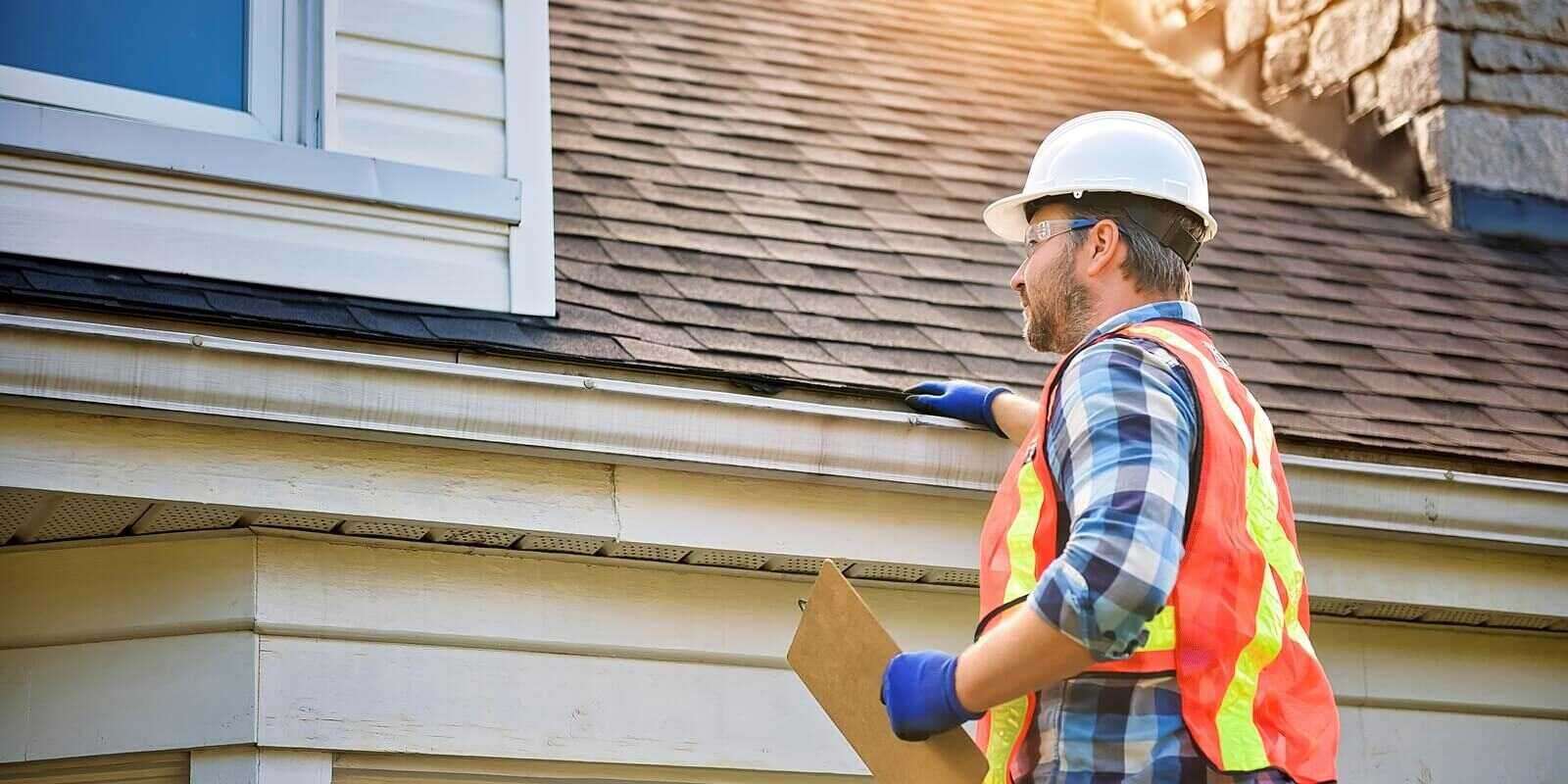 man with hard hat standing on steps inspecting house roof